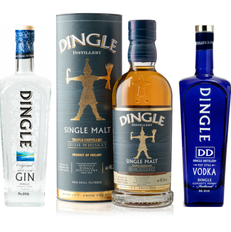 Discover the Dingle Three of a Kind package: three premium spirits—Dingle ‘Core’ Single Malt Whiskey, Dingle Gin and Dingle Vodka—at an unbeatable price.